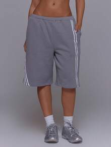 Musera Sport Grey Drawstring Elasticated Waist Side Striped Graphic Embroidered Cropped Sweat Jogger Short - Dark Grey - View 2