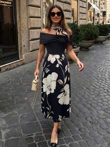 Modelyn Women's Knitted Printed Ribbed Texture Off-Shoulder Commuter Elegant Charming Waist-Cinching Midi Dress - Black - View 7