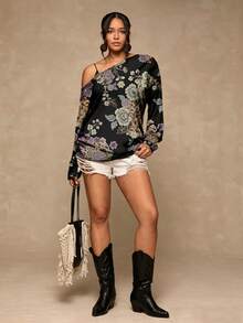 Freevana Plus Size Women's Casual Minimalist Floral Print T-Shirt Suitable For All Seasons Sexy One-Shoulder Design With Vintage Print Vacation Outfits Women - Multicolor - View 4