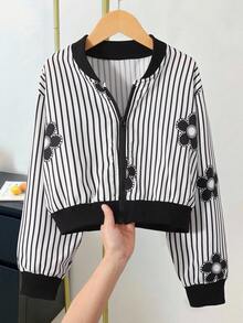 SHEIN Girls' Floral Print Striped Baseball Jacket, Rhinestone Detail,Back-To-School,Cute,Vacation - Black - View 3