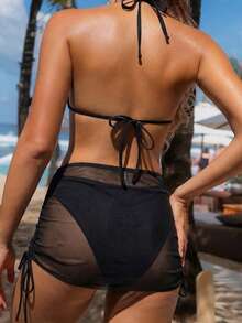 Bellisia 3pcs/Set Baju Renang Bikini Sarung Jala Motif Leopard Seksi Wanita Model Halter Neck dengan Cup Segitiga - Hitam - View 2