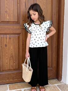 SHEIN Elladie kids 2件組 青少年女孩春夏新款休閒通勤裝，白色圓領波浪條紋蝴蝶結裝飾寬鬆飄逸袖上衣，搭配簡約百搭黑色梭織直筒長褲，適合日常外出 - 黑與白 - 查看 4
