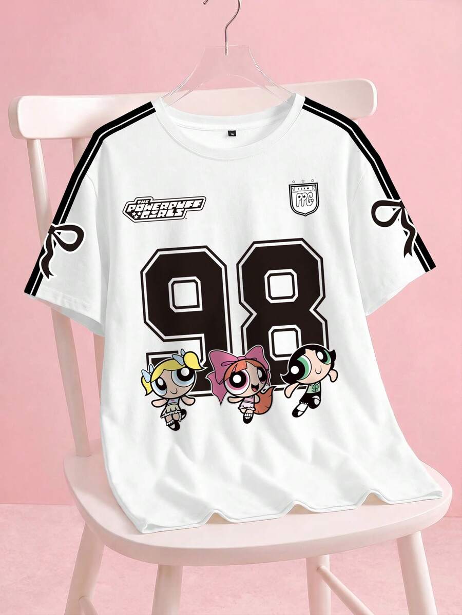THE POWERPUFF GIRLS X SHEIN 大尺碼女款圓領短袖休閒T恤 - 白色 - 查看 1