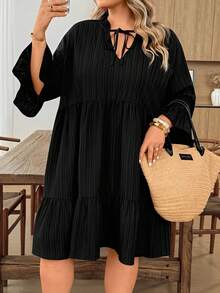 SHEIN CURVE+ 夏季度假休閒純色大尺碼洋裝 - 黑色 - 查看 6