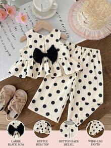 SHEIN LMoss Kids 女婴波点印花荷叶边圆领背心和裤子休闲套装 - 黑與白 - 查看 3
