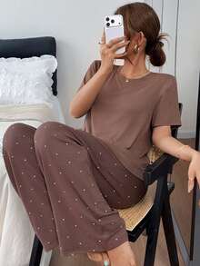 DAZY Women's Solid Color Round Neck Short Sleeve T-Shirt And Polka Dot Print Long Pants Pajama Set - Coffee Brown - View 4