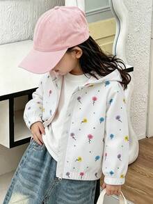 SHEIN Elladie kids 女童新款春夏/秋冬白色多彩花卉圖案紋理布料拉鍊連帽開襟衫，適合日常休閒時尚，可愛優雅且具運動風穿搭 - 白色 - 查看 4