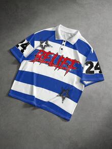 ROMWE MEN Street Life Kemeja Polo Pria Motif Garis-Garis Blok Warna dengan Cetakan Huruf Potret - MultiWarna - View 2
