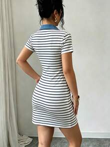 SHEIN Raffinéa Denim Effect Collar Patchwork Knit Navy And White Fabric V-Neck Slim Fit Short Sleeve Mini Dress Brunch School Autumn Coastal Casual - Multicolor - View 3
