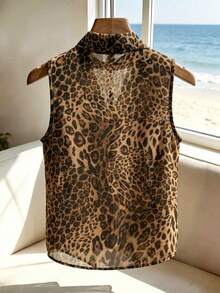 SHEIN Franclia Women's Vintage Leopard Print Ribbon Sleeveless Blouse, Elegant Commuter Slimming Chiffon Shirt - Brown - View 2