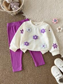 SHEIN Vintaside Kids 女嬰秋季紫色兩件套，刺繡衛衣與針織內搭褲，可愛極簡風，適合與紫色長褲家庭穿搭 - 紫色 - 查看 12