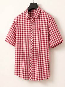 Chillumni Red Short Sleeve Plaid Shirt With Unique Embroidered Logo, Fresh Checked Casual Versatile Fashion Summer Casual Shirt - Red - View 4