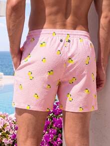 Horizaway Men's Striped Lemon Print Beach Shorts - Pink - View 2