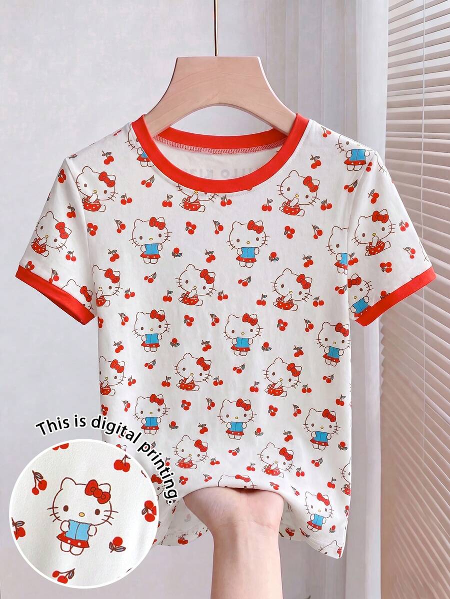 Resyla HELLO KITTY AND FRIENDS | SHEIN Damen T-Shirt mit Cartoon-Muster, Rundhalsausschnitt, Kurzarm, figurbetont - Verschiedenfarbig - Übersicht 1