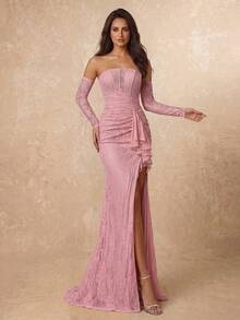 Lumalex Elegante vestido de encaje elástico sin hombros y sin tirantes con mangas de volantes transparentes desmontables, abertura hasta el muslo y bajo de sirena para bodas, galas y fiestas - Rosa vieja - Ver 5