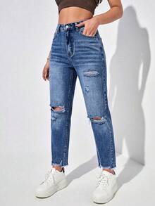SHEIN EZwear 女款夏季高腰破洞媽媽版牛仔褲 - 深色水洗藍 - 查看 5