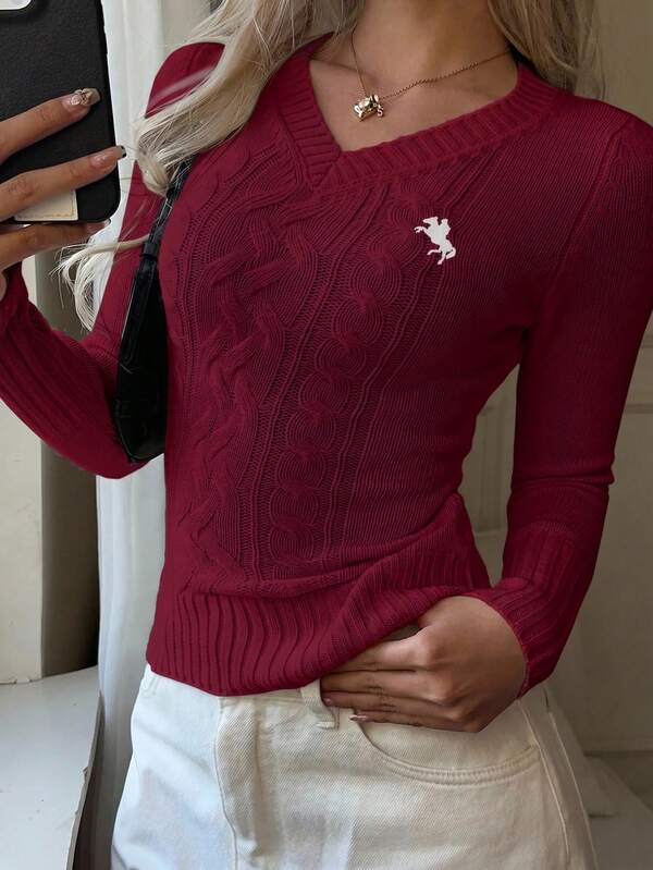 SHEIN EZwear Women's Solid Color V-Neck Long Sleeve Sweater, Simple Casual Fashion Suitable For Autumn Winter Back-To-School Everyday School Burgundy