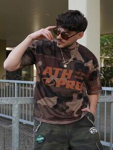 LEOGASHI LEOGASHI Men's Casual Summer Loose Knit Letter & Camouflage Print Crew Neck Short Sleeve T-Shirt, Streetwear Style - Yellow - View 5