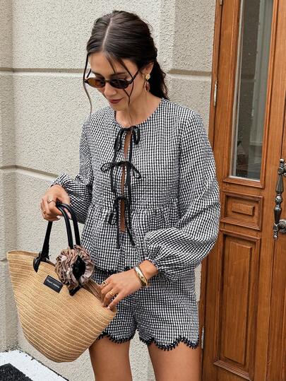 Serisse Women's Plaid Front Tie Long Sleeve Shirt And Shorts Casual 2 Pieces Set