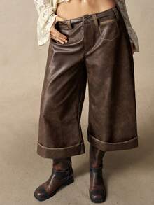 Bohemela Casual Solid Color PU Leather Washed 3/4 Length Pants - Brown - View 3