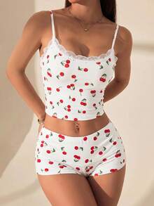 SHEIN PETITE 女款蕾絲飾邊櫻桃印花細肩帶上衣與短褲休閒日常套裝 - 白色 - 查看 6