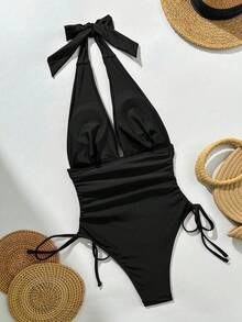 Swim Chiccia 女士沙滩连衣裙，纯色闪光面料，金属装饰，深V领设计，侧边抽绳，时尚休闲度假优雅性感高端连体泳衣 - 黑色 - 查看 4