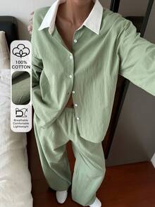 DAZY Conjunto de Roupa de Descanso Feminino com Top de Manga Longa de Abotoamento Único e Calça em Cores Contrastantes para o Outono - Verde - Visão 3