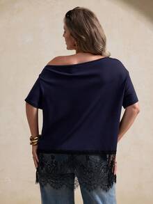 Elegantrix Women's Plus Size 1pc Spring/Summer Asymmetrical Shoulder Design Eyelash Lace Hem Splice Loose Fit Slimming Sexy Hot Girl Style Date Commute T-Shirt Top - Navy Blue - View 4