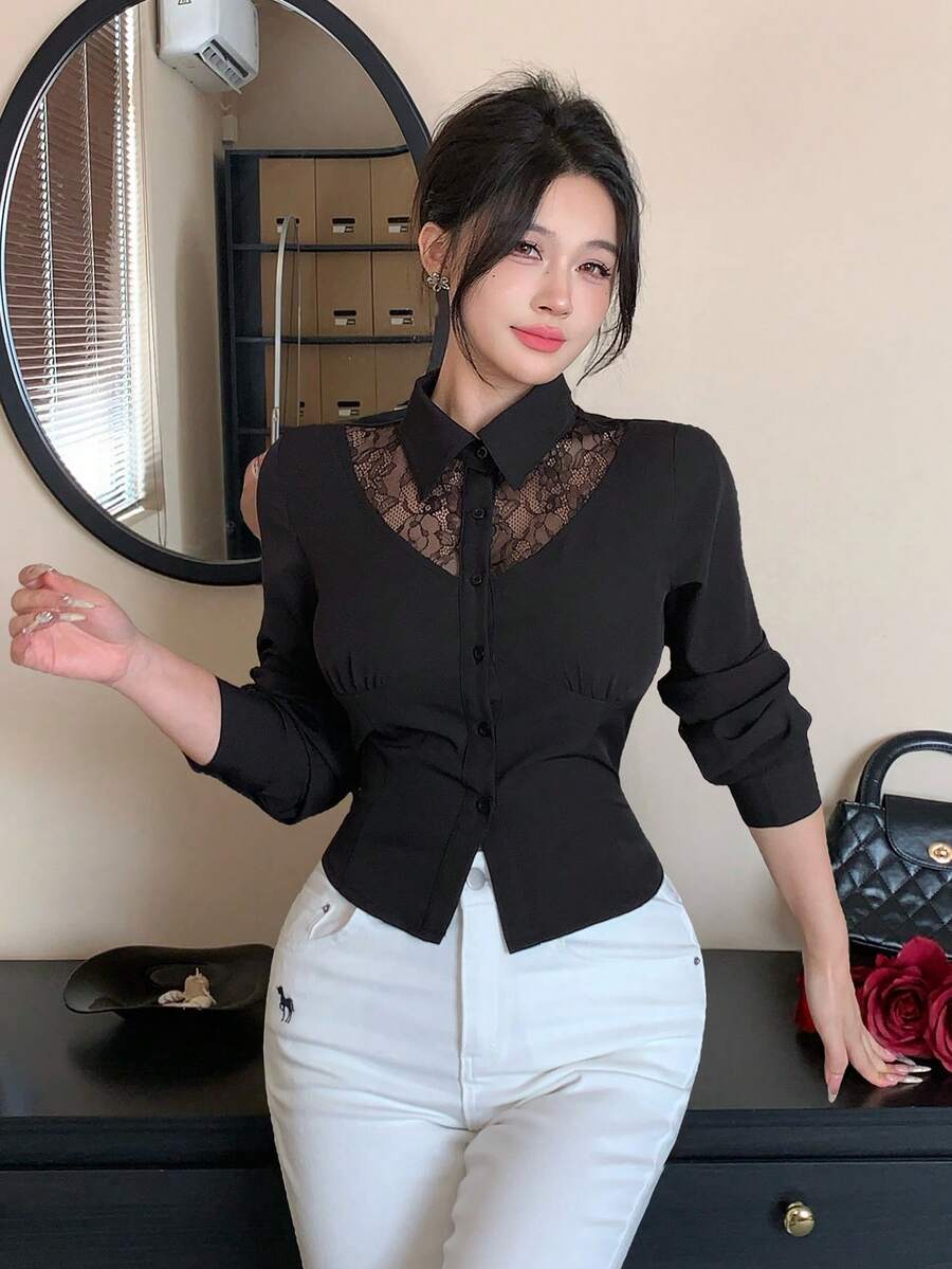 Joudiya 秋季女款黑色蕾絲鏤空拼接修身顯腰長袖翻領襯衫,適合婚禮與通勤,夏季穿搭 - 黑色 - 查看 1
