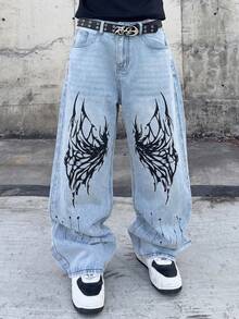 Manfinity EMRG Men's Gothic Streetwear Y2k Pattern Casual Versatile Daily Travel Denim Jeans With Pockets Holiday Light Blue Summer - Light Wash - View 3