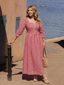 Vivid Eden Plus Size Vacation Casual Plaid Dress - Red - View 3