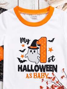 SHEIN Playful Pals 中性嬰兒 My 1st Halloween 可愛卡通幽靈圖案圓領對比色短袖T恤 休閒幼兒秋季節日上衣 0-3Y - 白色 - 查看 5