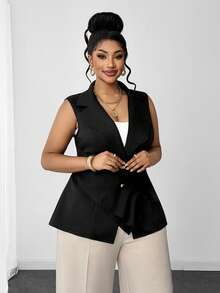 Maweii Gilet blazer casual da donna taglie forti, tinta unita, monopetto, plissettato, da pendolarismo - nero - Visualizzare 2