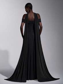 Elitara Elegant Minimalist Chic Off-Shoulder Ruched Asymmetric A-Line High Slit Dress, Suitable For Weddings, Formal Events, Galas, And Cocktail Parties - Black - View 2