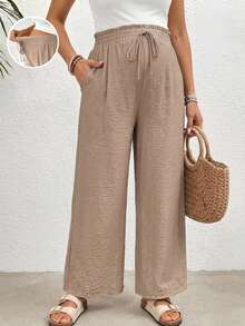 SHEIN Maternity Spring/Summer Comfortable Elastic Waist Drawstring Solid Color Long Pants Suitable For Beach, Holiday, Vacation,,Autumn Outfit For Women - Khaki - View 9
