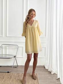 Easowa Women's V-Neck Pleated Casual Cute Elegant Sexy Everyday Dress Vacation Pastal Autumn Cotton Comfortable Beach Garden Party Brunch Golf Light Yellow - Light Yellow - View 6