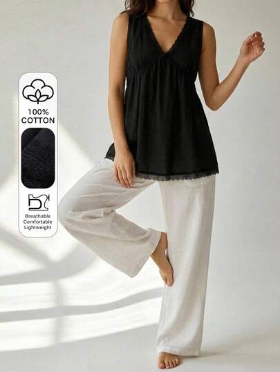 DAZY Women's French Lace Patchwork Tank Top And Solid Color Long Pants Loungewear Set