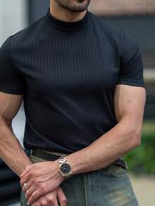 YOUESAWY YOUESAWY Camiseta de punto de manga corta con cuello alto de unicolor para hombres, ideal para el verano - Negro - Ver 4