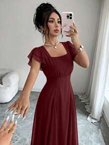 Modelyn Vestido de diseñador para mujer con cuello cuadrado, abertura y triángulo, de largo medio - Burdeos - Ver 3