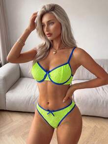 SuitURBody 2件套女士性感蕾丝拼接内衣套装，薄款文胸和内裤 - 黃色 - 查看 3
