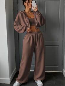 INAWLY Women's Solid Color Hooded Cropped Sweatshirt & Sweatpants 2 Pieces Set - Rust Brown - View 1