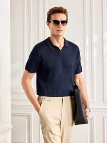 Officeau Men's Ribbed Airplane Collar Polo Knit Shirt, Short Sleeve, Summer Fashion - Navy Blue - View 6