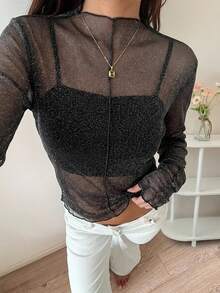 FRIFUL Women's Casual Slim Fit Mesh Sheer Layered High Neck Long Sleeve Blouse With Ruched Cuffs Going Out Tops - Black - View 11
