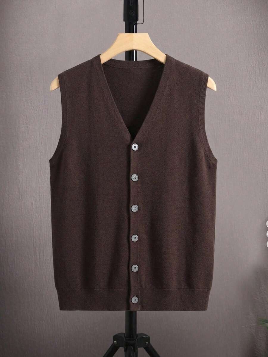 Manfinity Homme Men's Casual Smart Casual Versatile Solid Color Knit Vest Holiday Dark Brown Autumn Office - Multicolor - View 1