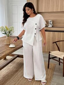 Weeklong Women's Plus Size Spring/Summer Casual Vacation Round Neck Dolman Sleeve Asymmetrical Hem Button Contrast Color Loose Striped 2-Piece Set - White - View 6