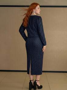 MOTF PREMIUM PLUS SIZE WOMEN'S AUTUMN/WINTER TWEED COLORBLOCK WOVEN TAPE CROPPED TOP AND SKIRT SET FALL - Navy Blue - View 2