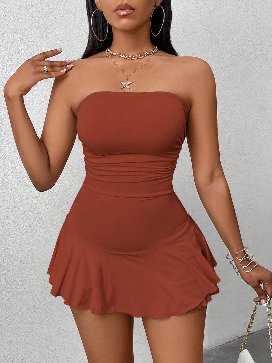 VaVaBold Women's Summer Solid Color Ruched Ruched Hem Jumpsuit - Brown - View 1