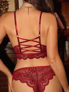 Divavoom Women's Classic Sexy Series Lace Patchwork Backless Wire-Free Lingerie Set 2pcs - Burgundy - View 2