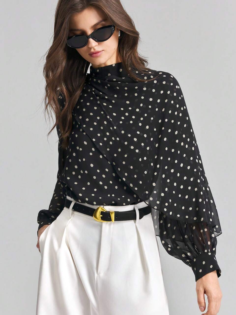 2026 New Autumn Women's Loose Fit Polka Dot Long Sleeve Asymmetric Cape Blouse Woven Button Design French Elegant Dinner Teachers' Day Office Blouse