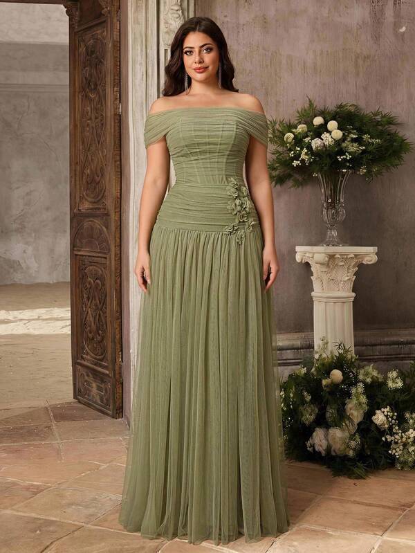 Aureia Plus Size Elegant Romantic Fashionable Dignified Green Tulle Cowl Neck Ruffle Neckline Bra Cup Boning 3D Flower Decor Extra Full Skirt Elegant Party Dress Wedding Guest Dress Bachelorette Party Dress Formal Evening Gown